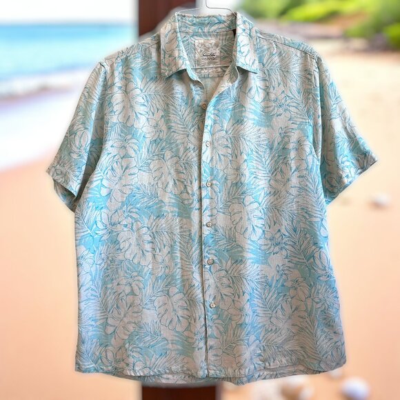 Vintage Y2KTasso Elba Island Hawaiian Shirt L – Aqua Leaf Print Silk Linen Blend - Picture 1 of 8